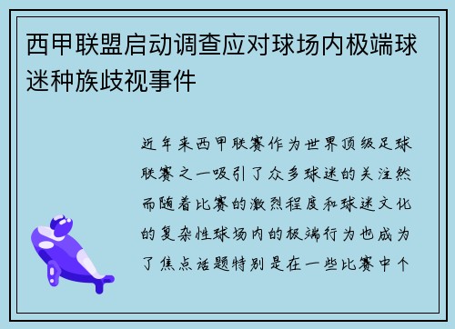 西甲联盟启动调查应对球场内极端球迷种族歧视事件