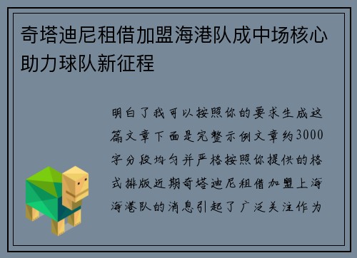 奇塔迪尼租借加盟海港队成中场核心助力球队新征程 奇塔迪尼租借加盟海港队成中场核心助力球队新征程